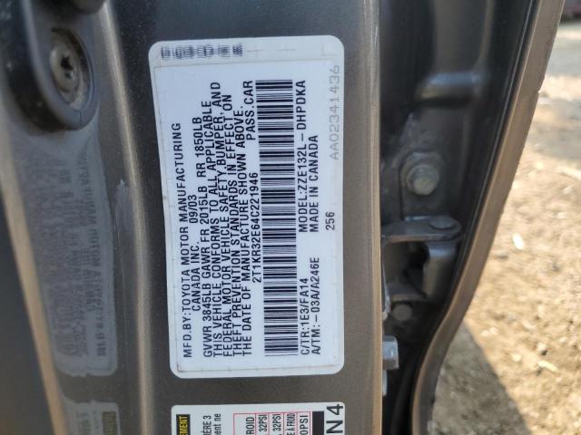 2T1KR32E64C221946 - 2004 TOYOTA COROLLA MA XR GRAY photo 12