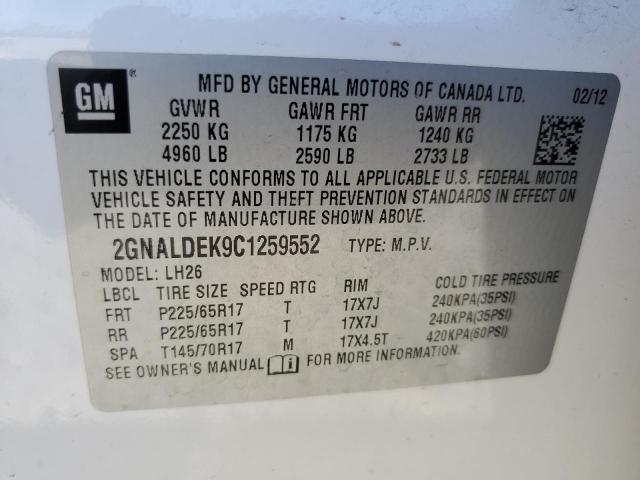 2GNALDEK9C1259552 - 2012 CHEVROLET EQUINOX LT WHITE photo 12