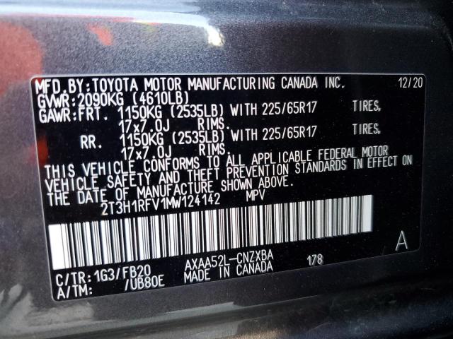 2T3H1RFV1MW124142 - 2021 TOYOTA RAV4 LE CHARCOAL photo 14