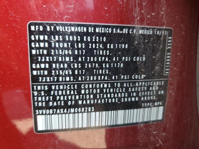 3VV0B7AX4JM068283 - 2018 VOLKSWAGEN TIGUAN S Czerwony zdjęcie 12