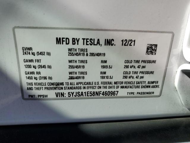 5YJSA1E58NF460967 - 2022 TESLA MODEL S Սպիտակ լուսանկար 13