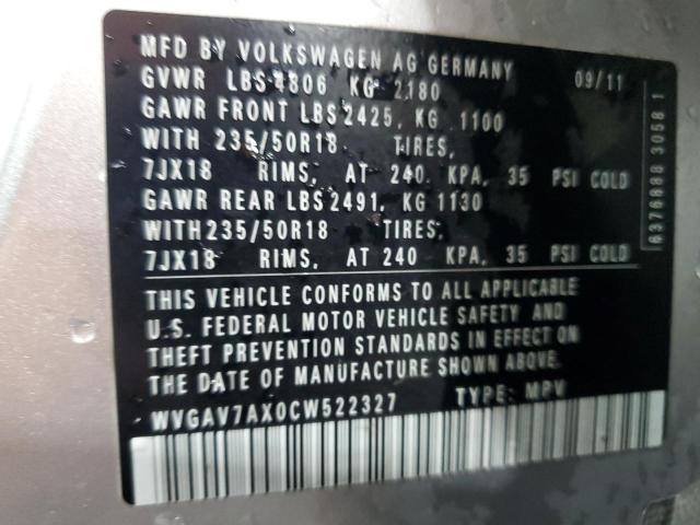 WVGAV7AX0CW522327 - 2012 VOLKSWAGEN TIGUAN S ვერცხლისფერი ფოტო 13