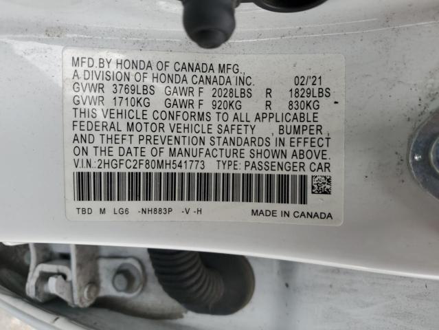 2HGFC2F80MH541773 - 2021 HONDA CIVIC SPORT 白色 照片 12