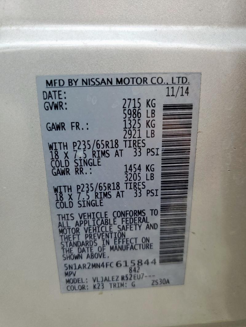 5N1AR2MN4FC615844 - 2015 NISSAN PATHFINDER S Gümüş fotoğraf 14