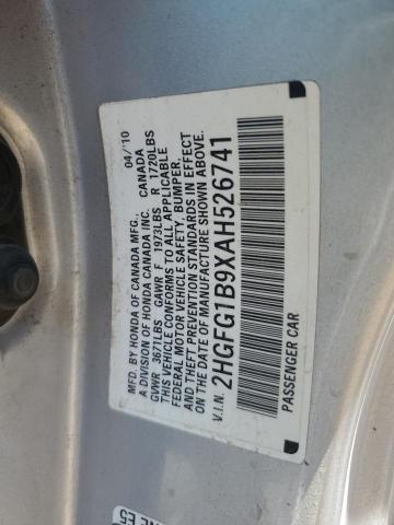 2HGFG1B9XAH526741 - 2010 HONDA CIVIC EXL SILVER photo 12