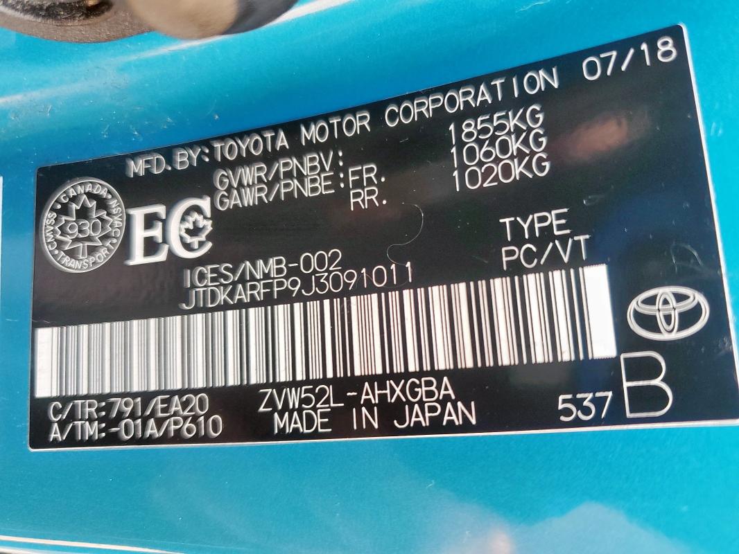 JTDKARFP9J3091011 - 2018 TOYOTA PRIUS PRIM 蓝色 照片 13