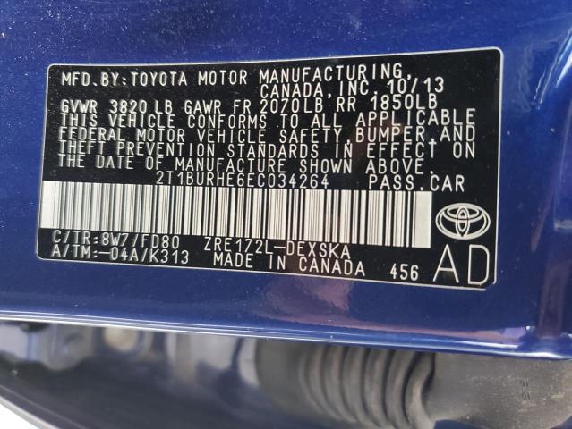 2T1BURHE6EC034264 - 2014 TOYOTA COROLLA L BLUE photo 13