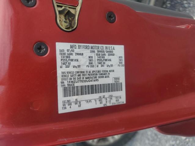 1FMZU77E32UD41695 - 2002 FORD EXPLORER S RED photo 12