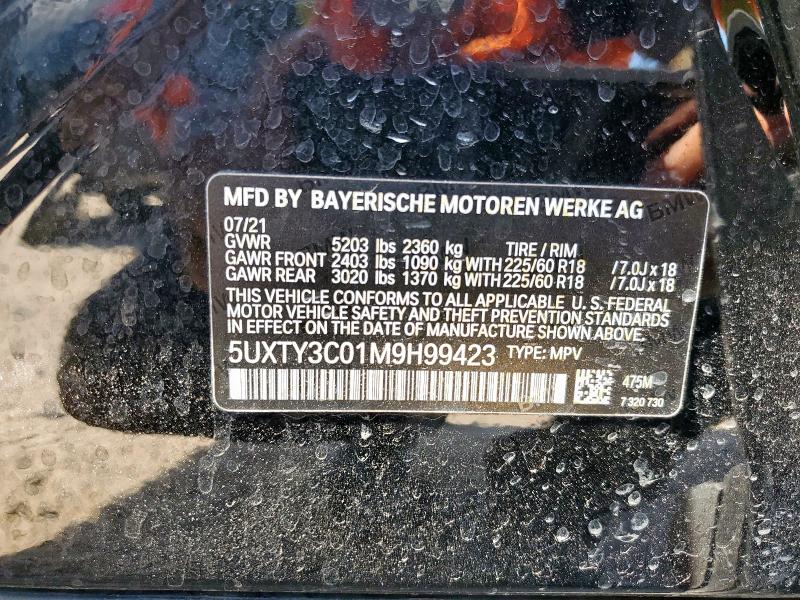 5UXTY3C01M9H99423 - 2021 BMW X3 SDRIVE30I BLACK photo 12