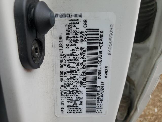 4T1BE32K32U077382 - 2002 TOYOTA CAMRY LE WHITE photo 12