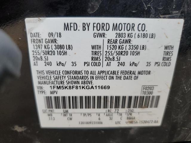 1FM5K8F81KGA11669 - 2019 FORD EXPLORER LIMITED BLACK photo 14