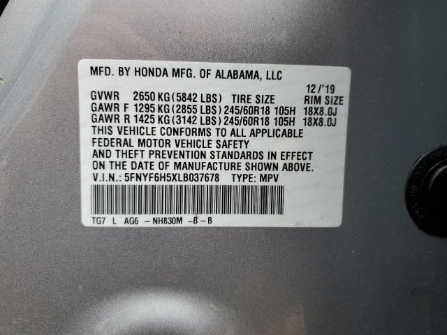 5FNYF6H5XLB037678 - 2020 HONDA PILOT EXL SILVER photo 13