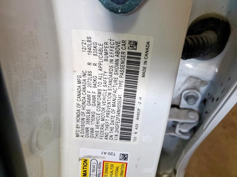 2HGFE2F54NH559341 - 2022 HONDA CIVIC SPORT WHITE photo 12