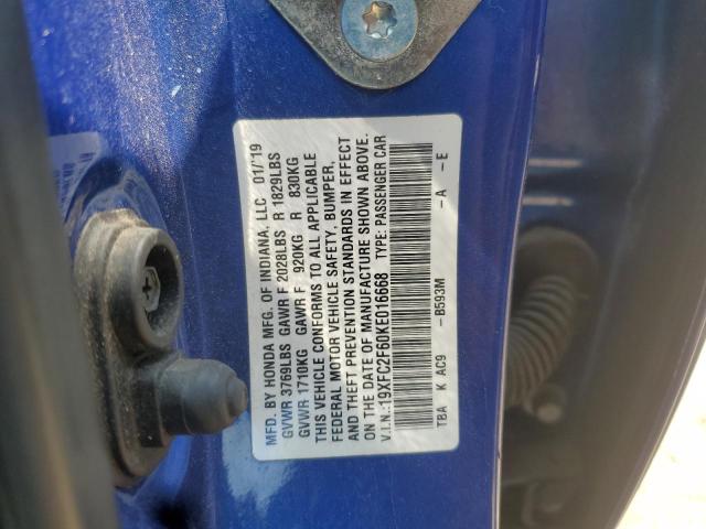 19XFC2F60KE016668 - 2019 HONDA CIVIC LX Синій фото 13
