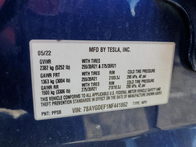 7SAYGDEF1NF441862 - 2022 TESLA MODEL Y BLUE photo 12