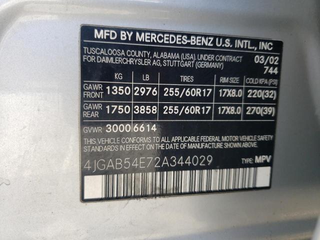 4JGAB54E72A344029 - 2002 MERCEDES-BENZ ML 320 SILVER photo 12