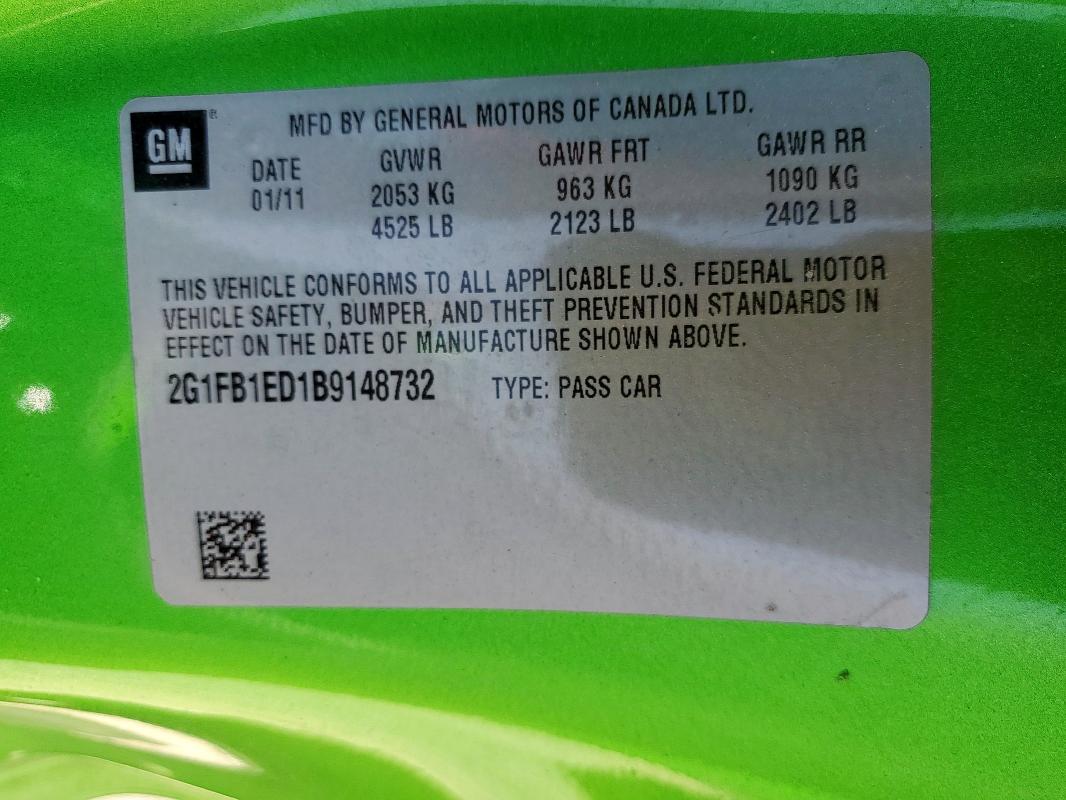 2G1FB1ED1B9148732 - 2011 CHEVROLET CAMARO LT GREEN photo 13