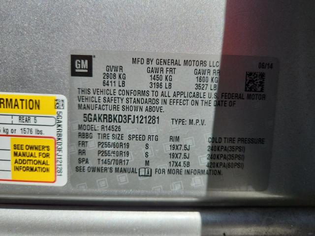 5GAKRBKD3FJ121281 - 2015 BUICK ENCLAVE SILVER photo 13