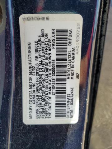 2T1KR32E13C000558 - 2003 TOYOTA COROLLA MA XR BLUE photo 13