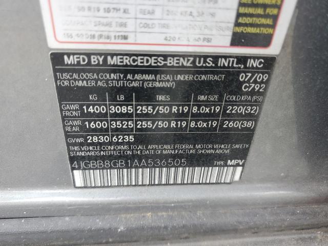 4JGBB8GB1AA536505 - 2010 MERCEDES-BENZ ML 350 4MATIC GRAY photo 13