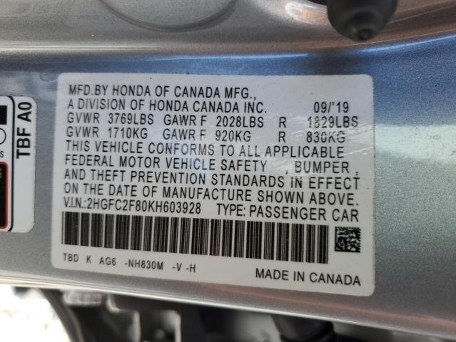 2HGFC2F80KH603928 - 2019 HONDA CIVIC SPORT SILVER photo 12