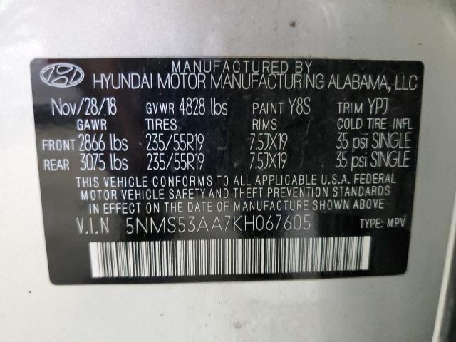 5NMS53AA7KH067605 - 2019 HYUNDAI SANTA FE LIMITED SILVER photo 10