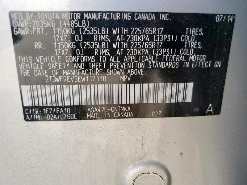 2T3WFREV3EW117110 - 2014 TOYOTA RAV4 XLE SILVER photo 13