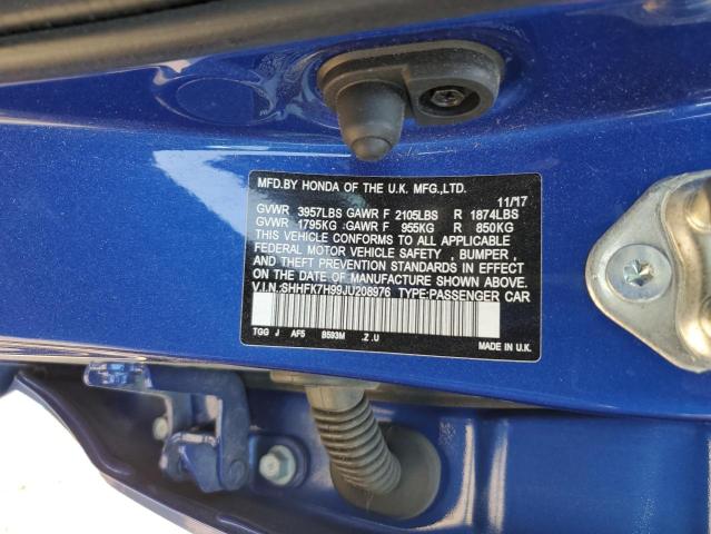 SHHFK7H99JU208976 - 2018 HONDA CIVIC SPORT TOURING BLUE photo 13