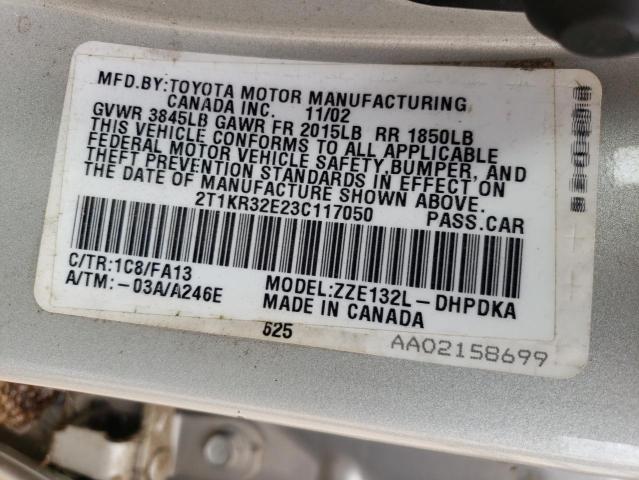 2T1KR32E23C117050 - 2003 TOYOTA COROLLA MA XR SILVER photo 12