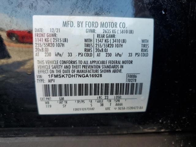 1FMSK7DH7NGA16928 - 2022 FORD EXPLORER XLT Սև լուսանկար 14