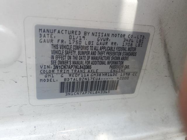 3N1CN7AP7KL843365 - 2019 NISSAN VERSA S Ақ фото 12