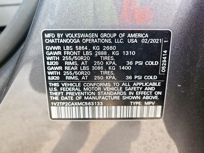 1V2TP2CAXMC563133 - 2021 VOLKSWAGEN ATLAS SEL PREMIUM Сұр фото 13