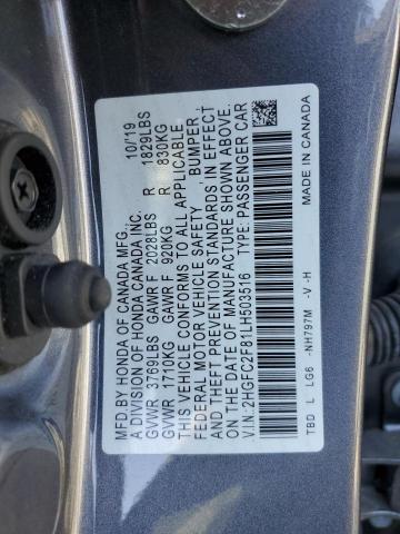 2HGFC2F81LH503516 - 2020 HONDA CIVIC SPORT Сұр фото 12