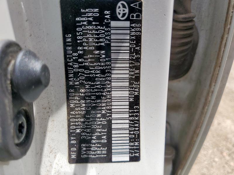 5YFBURHEXKP883681 - 2019 TOYOTA COROLLA L 白色 照片 12