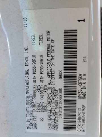 5TFUM5F12KX081001 - 2019 TOYOTA TUNDRA DOUBLE CAB SR/SR5 WHITE photo 12