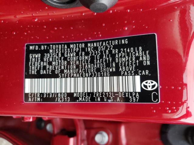 5YFEPMAE0NP330186 - 2022 TOYOTA COROLLA LE RED photo 12