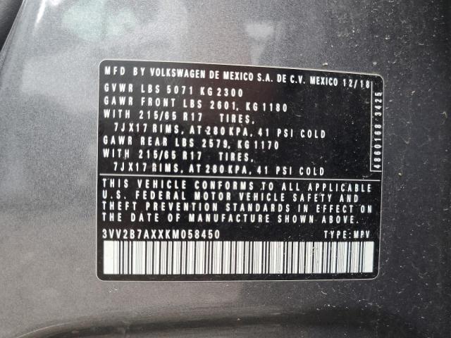 3VV2B7AXXKM058450 - 2019 VOLKSWAGEN TIGUAN SE GRAY photo 13