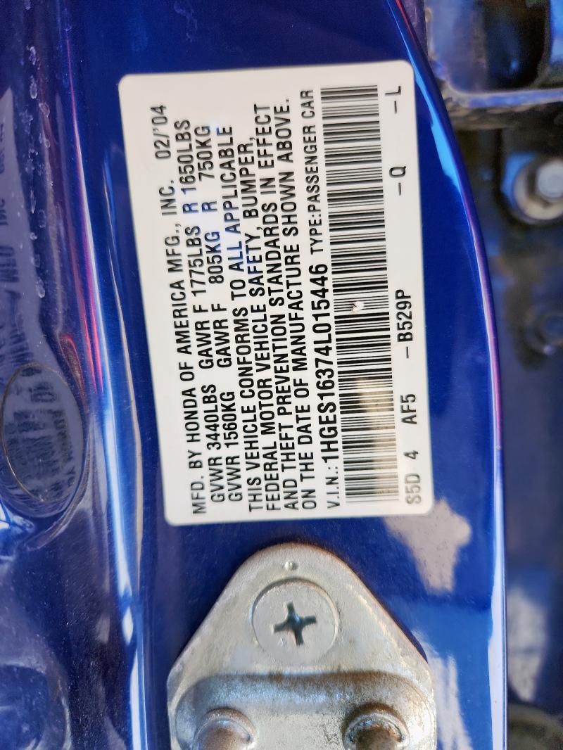 1HGES16374L015446 - 2004 HONDA CIVIC DX VP BLUE photo 12