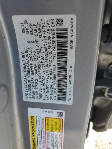 2HGFE2F53NH531918 - 2022 HONDA CIVIC SPORT SILVER photo 12