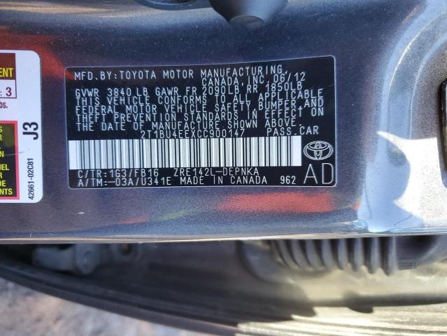 2T1BU4EEXCC900147 - 2012 TOYOTA COROLLA BASE GRAY photo 10