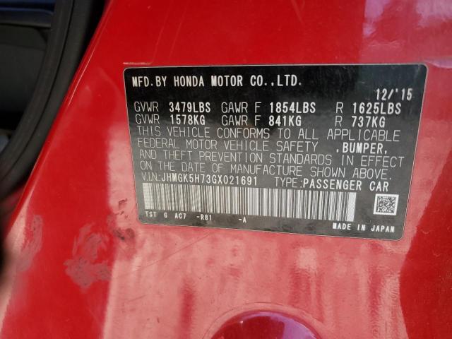 JHMGK5H73GX021691 - 2016 HONDA FIT EX RED photo 12