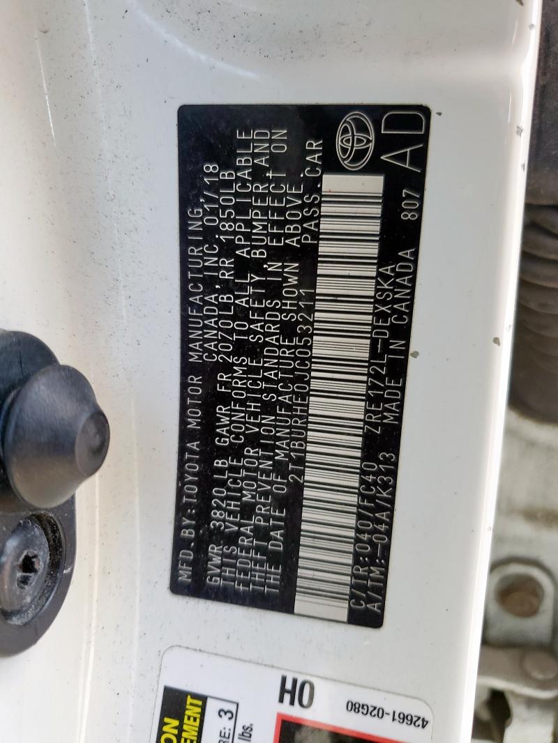 2T1BURHE0JC053211 - 2018 TOYOTA COROLLA L Blanc photo 12