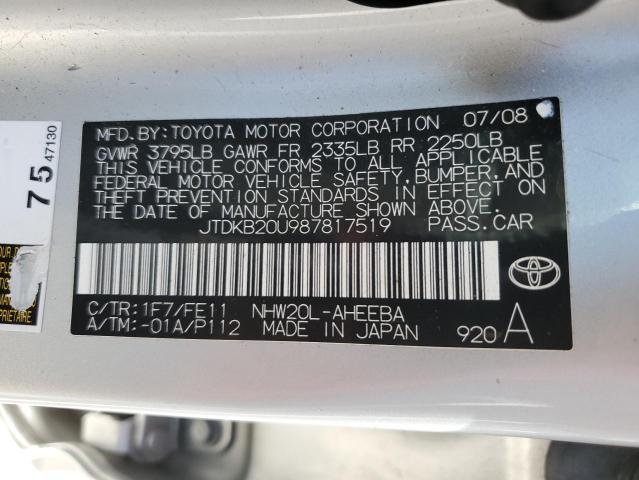 JTDKB20U987817519 - 2008 TOYOTA PRIUS SILVER photo 12