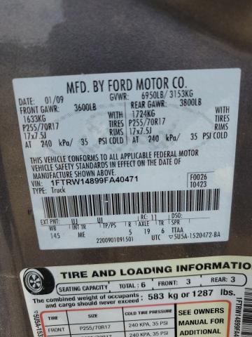 1FTRW14899FA40471 - 2009 FORD F150 SUPERCREW GRAY photo 12