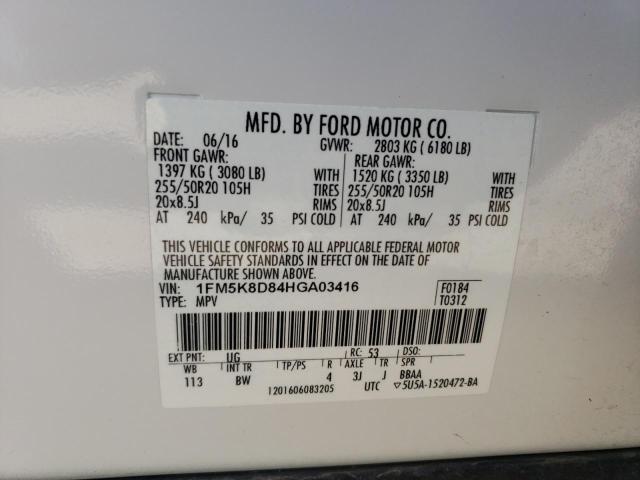 1FM5K8D84HGA03416 - 2017 FORD EXPLORER XLT WHITE photo 14