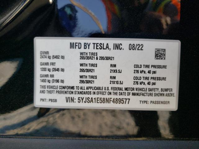 5YJSA1E58NF489577 - 2022 TESLA MODEL S BLACK photo 12