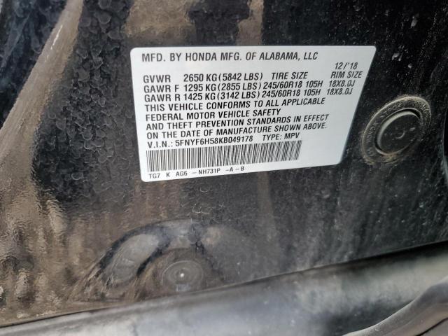 5FNYF6H58KB049178 - 2019 HONDA PILOT EXL Noir photo 13