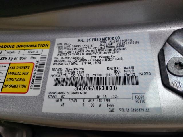 3FA6P0G70FR300337 - 2015 FORD FUSION S GRAY photo 12