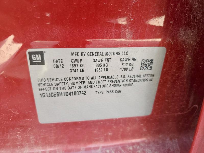 1G1JC5SH1D4100742 - 2013 CHEVROLET SONIC LT RED photo 12