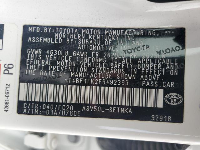 4T4BF1FK2FR492393 - 2015 TOYOTA CAMRY LE 白色 照片 12